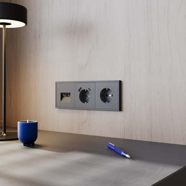 Розетка встраиваемая VOLTUM S70 с заземлением и защитными шторками, 16А, с USB, A+С, (графит)