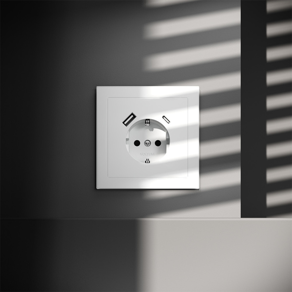Розетка встраиваемая VOLTUM S70 с заземлением и защитными шторками, 16А, с USB, A+С, (белый матовый)